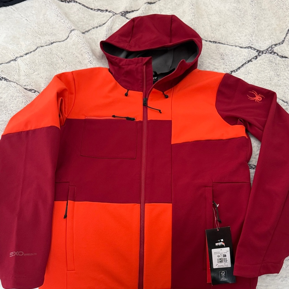 Spyder Men's Red and Orange Colorblock Hooded Softshell Jacket